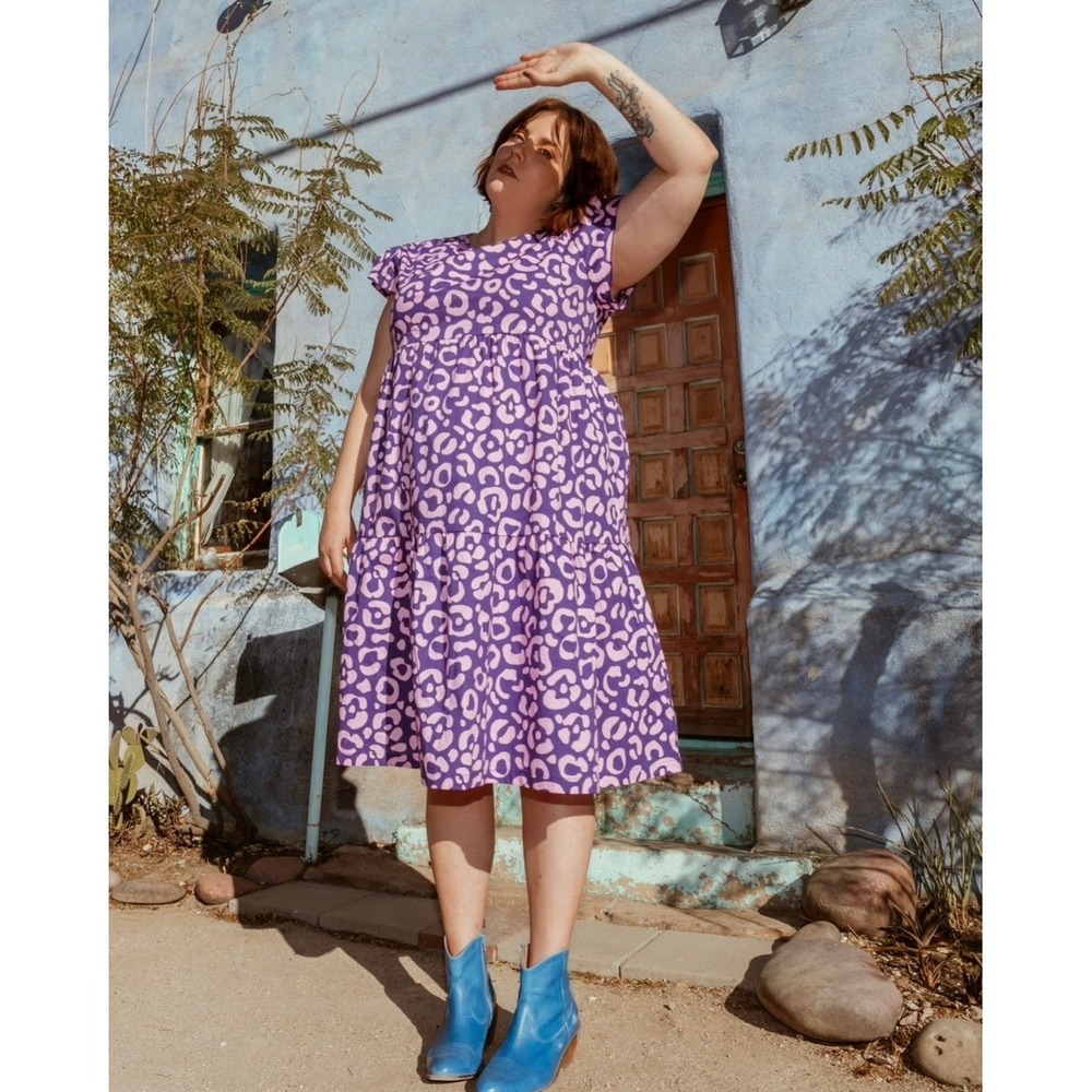 Nooworks Leopard Spots Purple Pink Tiered Cotton Dress Plus Size XXL